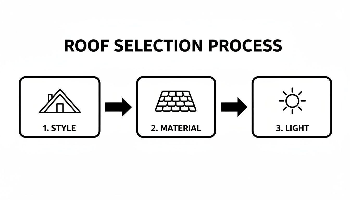 A diagram illustrating the roof selection process with steps: Style, Material, and Light.
