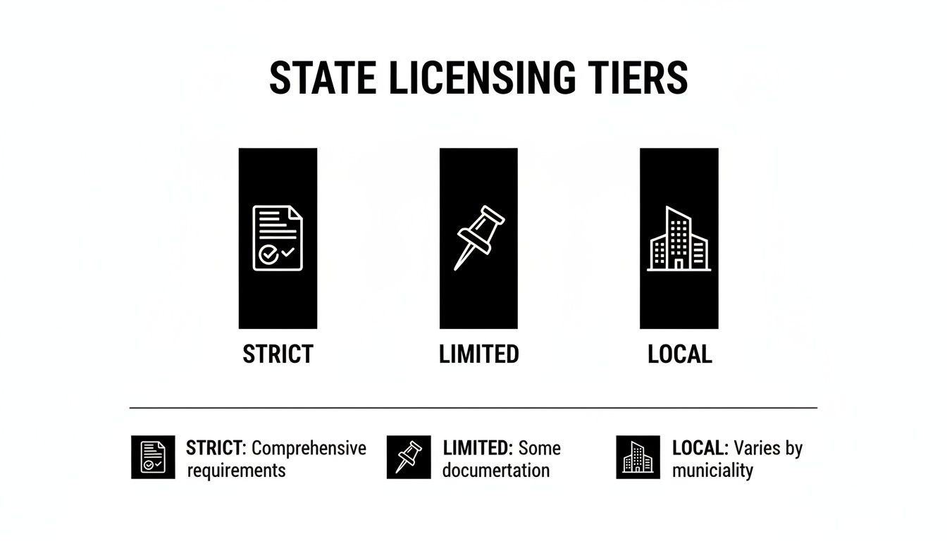 Infographic illustrating state licensing tiers: Strict (comprehensive), Limited (some documentation), and Local (varies by municipality).