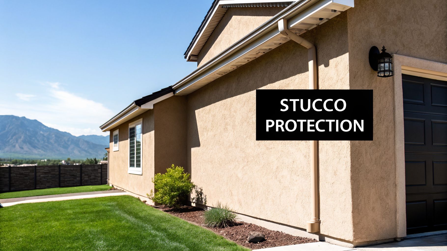 Side view of a modern stucco house with a manicured green lawn, landscaping, and distant mountains under a blue sky, with a "STUCCO PROTECTION" overlay.