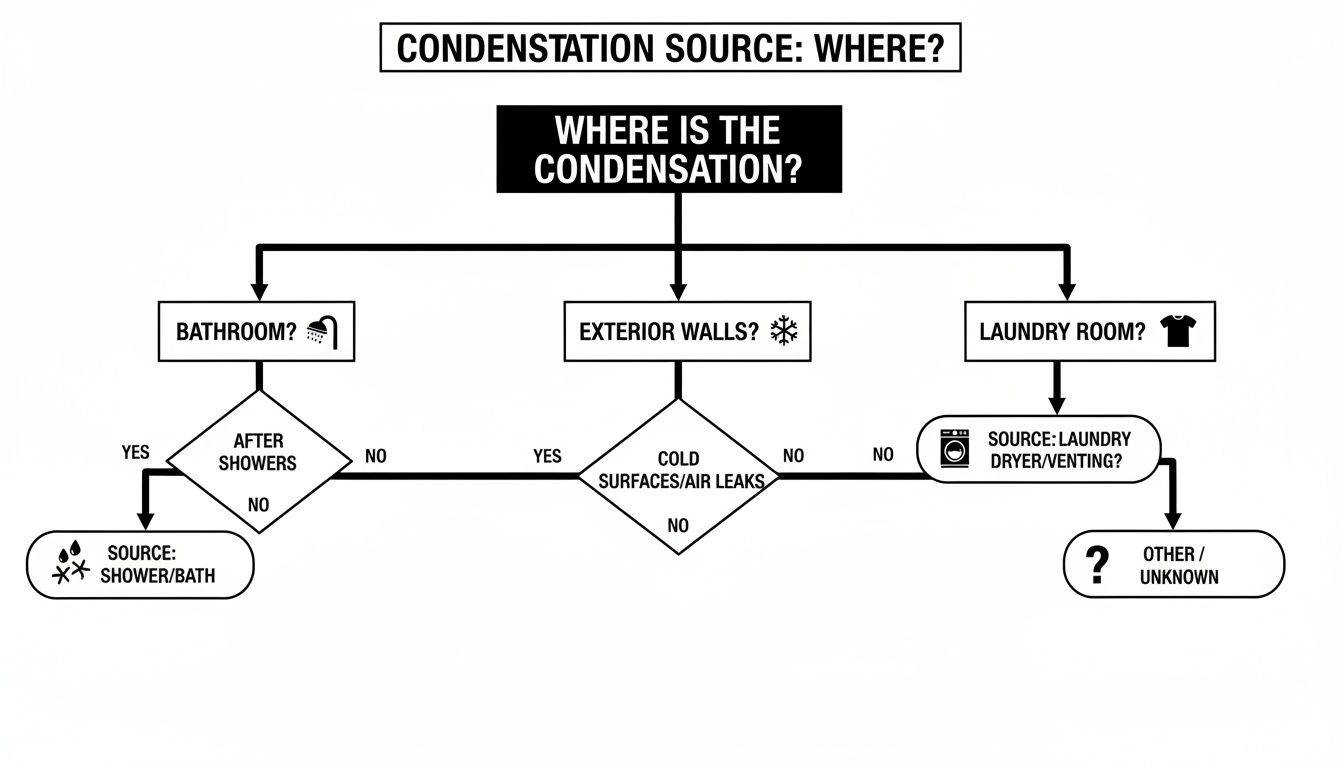A flowchart for identifying the source of condensation based on its location in a home.