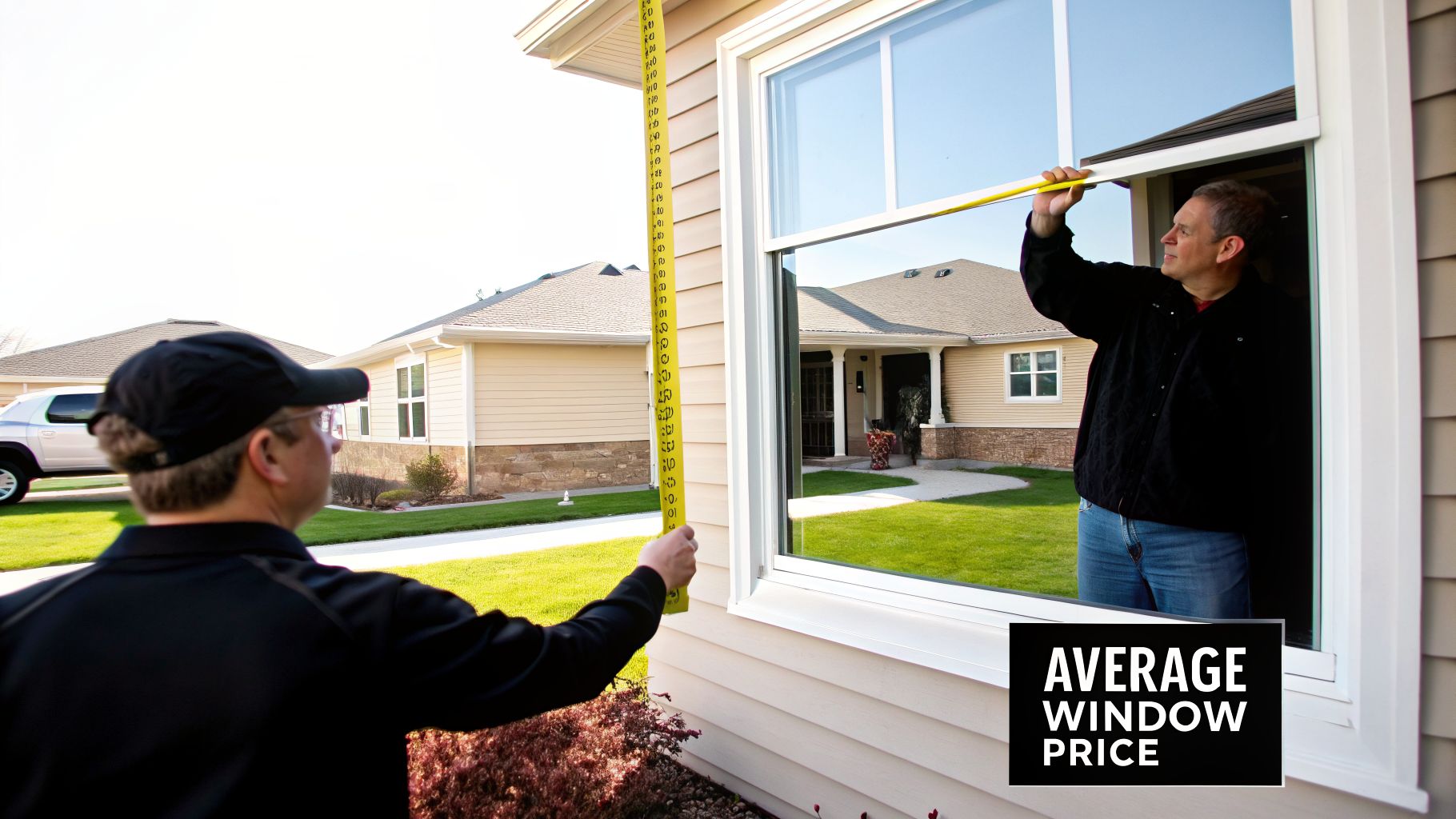 Two men measure a house window with tape measures, one from inside and one from outside.