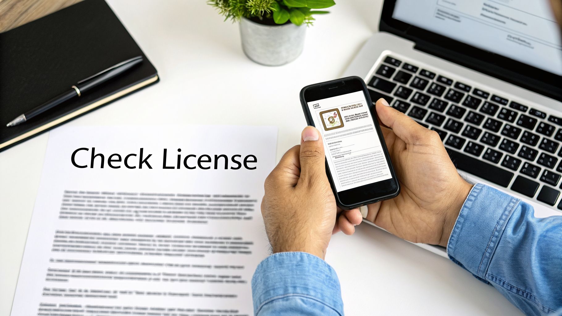 A person checks license details on a smartphone, with a paper displaying 'Check License' and a laptop on a white desk.