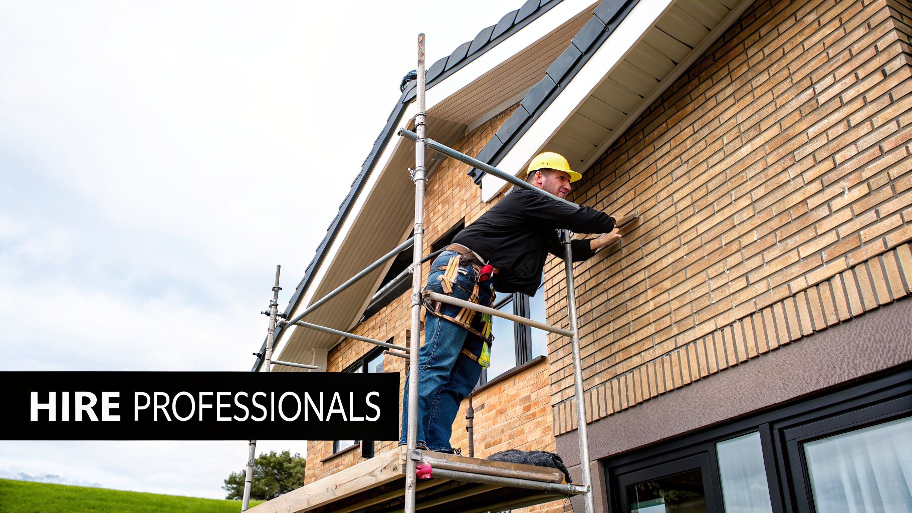 Professional construction worker on scaffolding repairing or sealing a brick house facade.