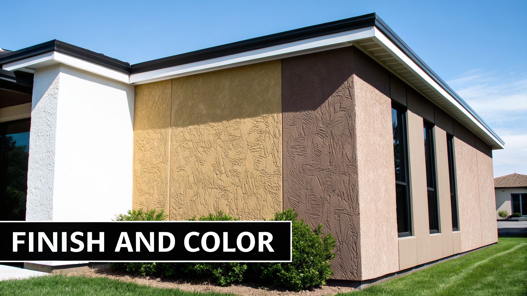 Modern building exterior showcasing various textured stucco finishes and color samples under a clear sky.