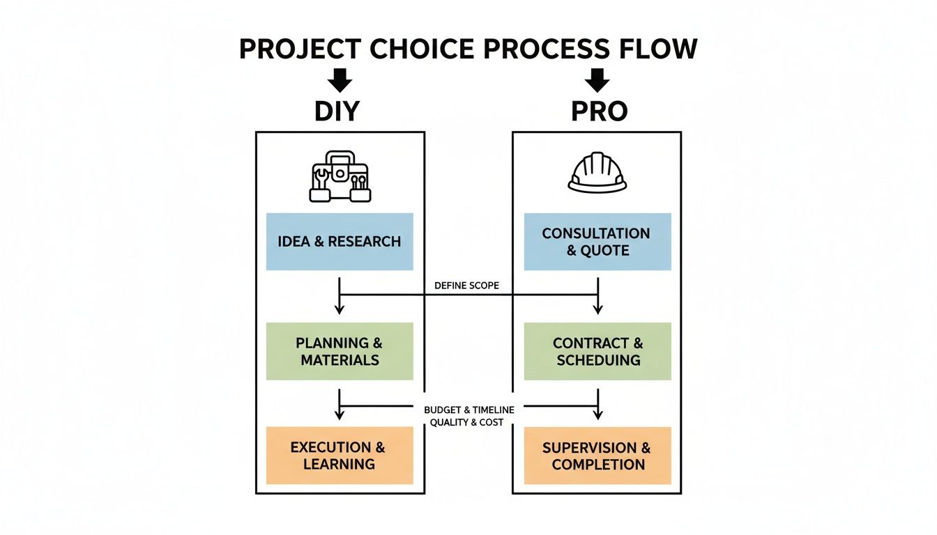 Flowchart detailing project choice process with DIY and professional options, outlining steps and considerations.