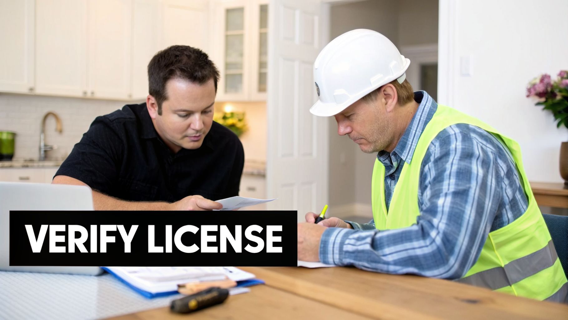 A client reviews documents with a contractor in a hard hat and safety vest, highlighting license verification.