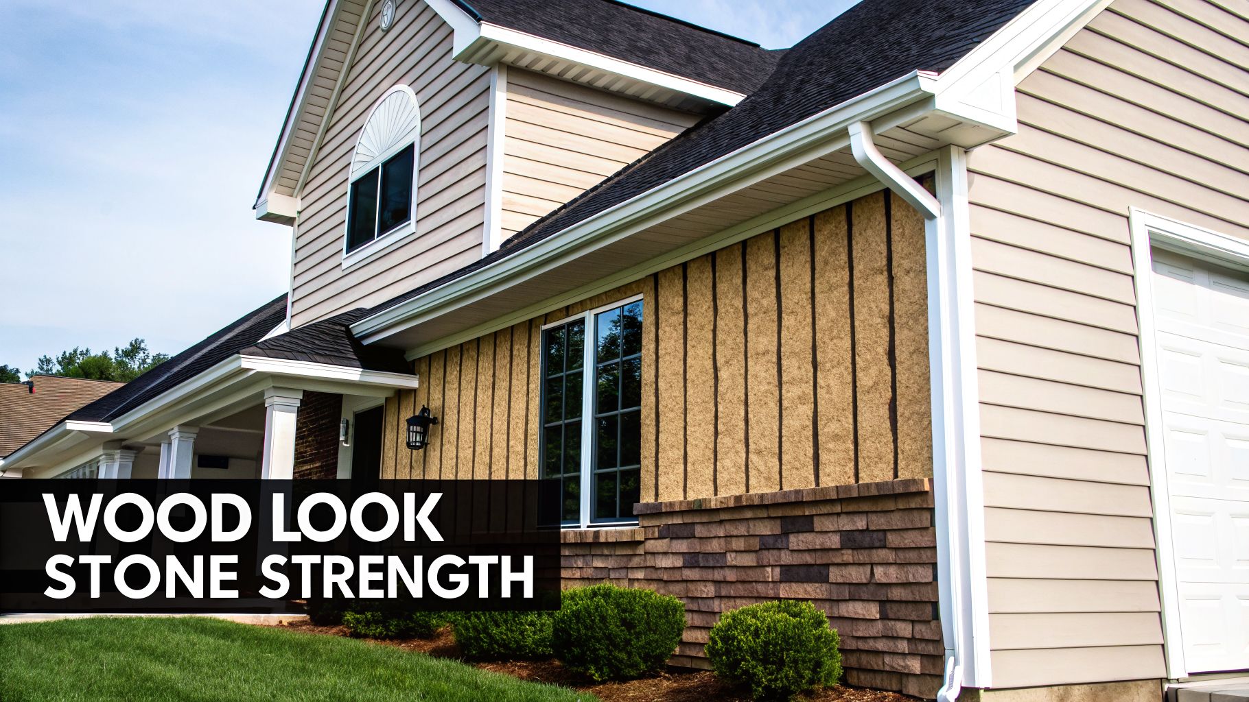 A house showcasing different types of exterior siding, including wood-look panels and stone-look shingles.