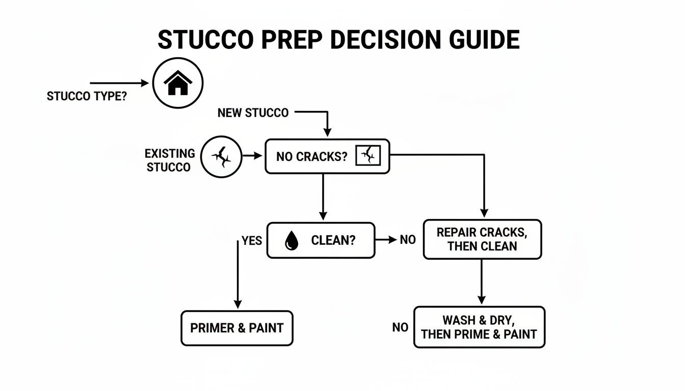Flowchart guiding stucco preparation steps for new or existing stucco, including crack repair and cleaning.