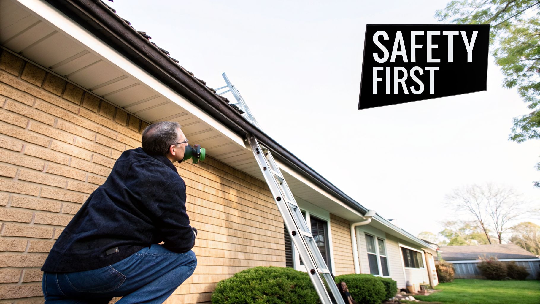 A man looks up at house gutters with a cleaning tool, a ladder nearby, and a 'Safety First' sign.