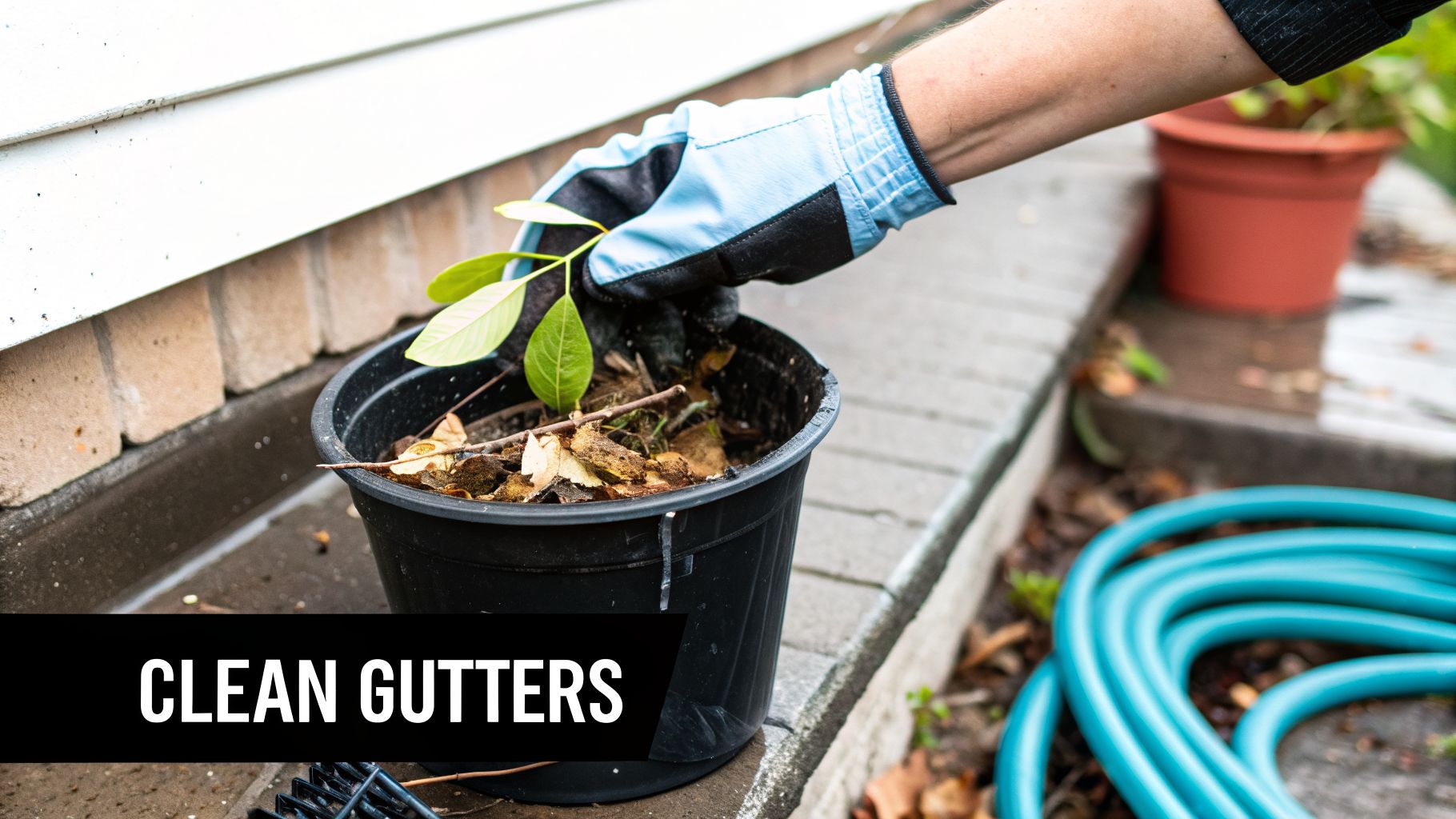 A gloved hand removes a small plant and debris from a pot during gutter cleaning preparation.