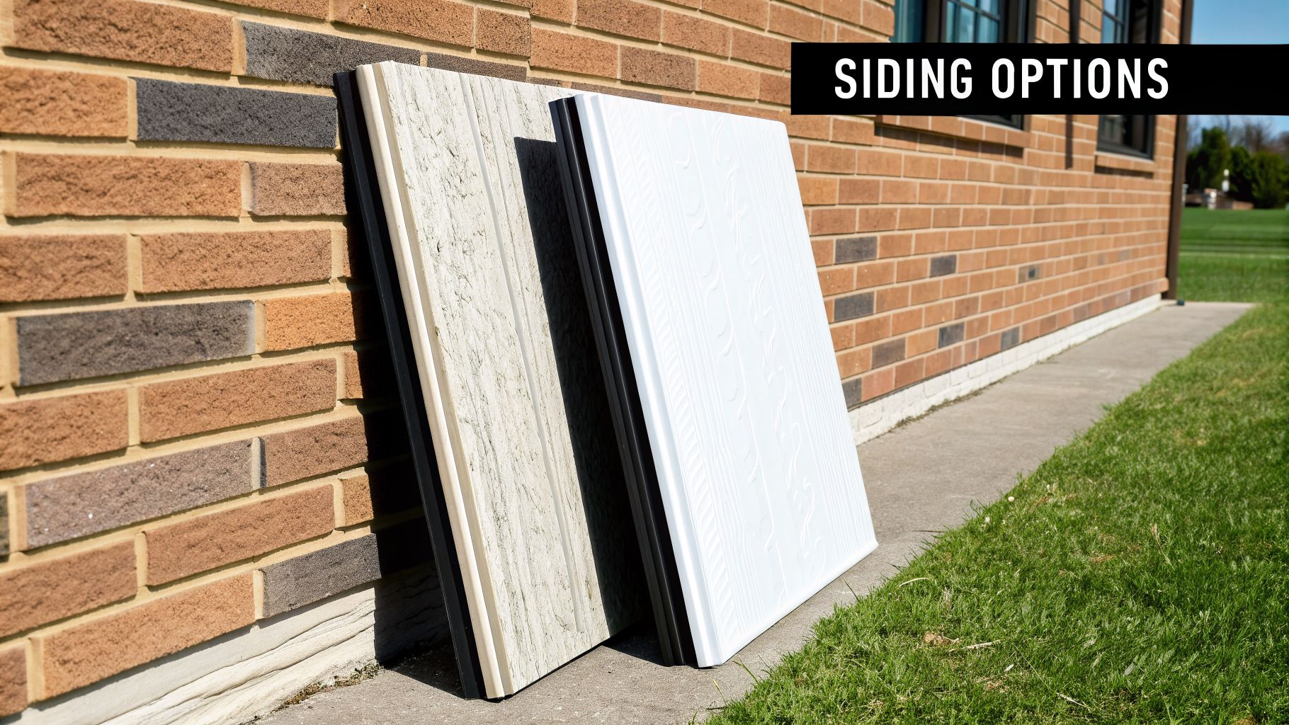 Two samples of house siding, one textured and one white, leaning against a brick wall on a sunny day.