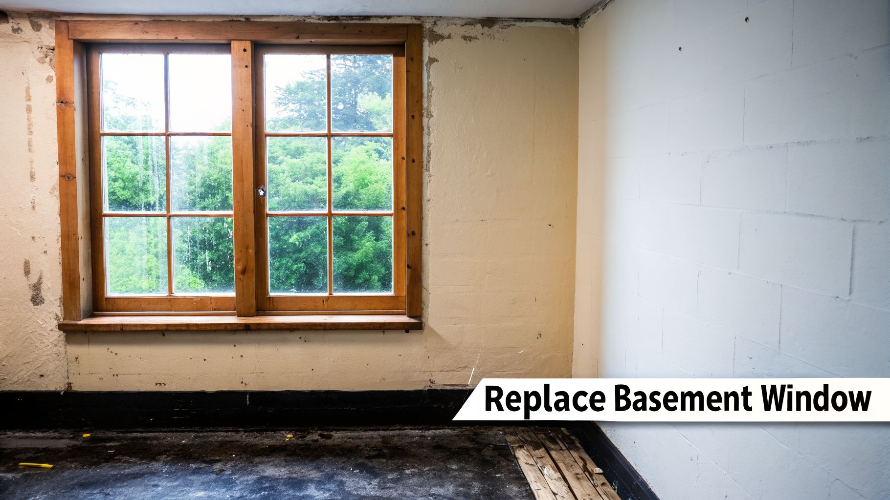 A dated basement room with a wooden window, concrete floor, and unrenovated walls, ready for replacement.
