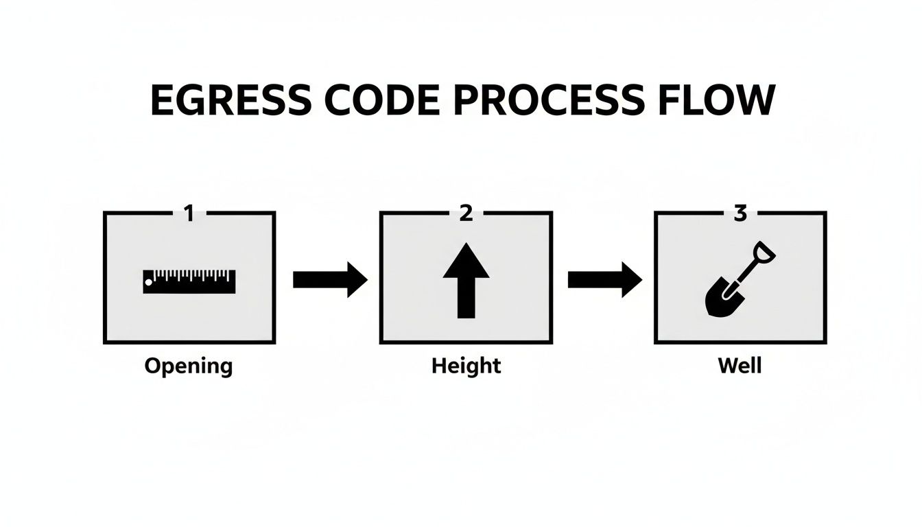 A diagram illustrating the egress code process flow, showing steps for opening, height, and well requirements.