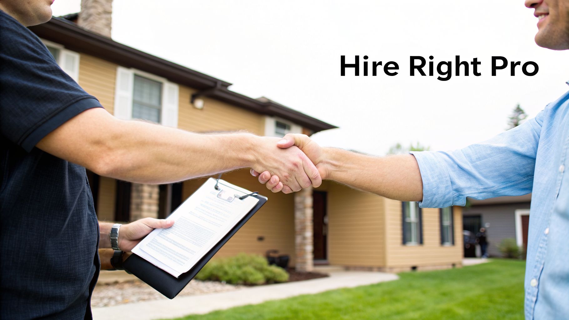 Two men shake hands in front of a house, one holding a clipboard, signifying a professional agreement.