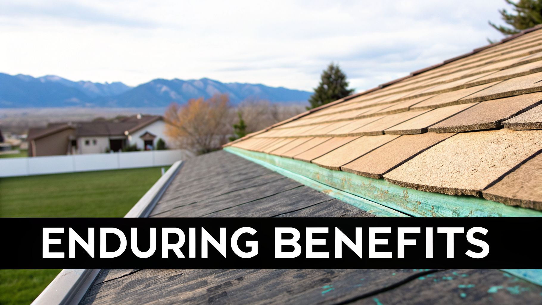 Close-up of a residential roof with shingles and a green copper strip, overlooking a suburban landscape.