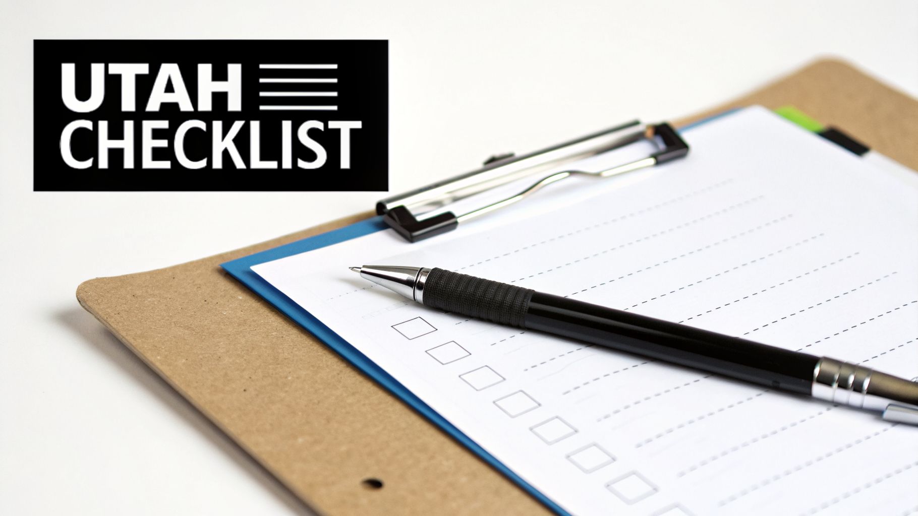 A black box with 'UTAH CHECKLIST' text next to a clipboard, a pen, and a blank checklist form.