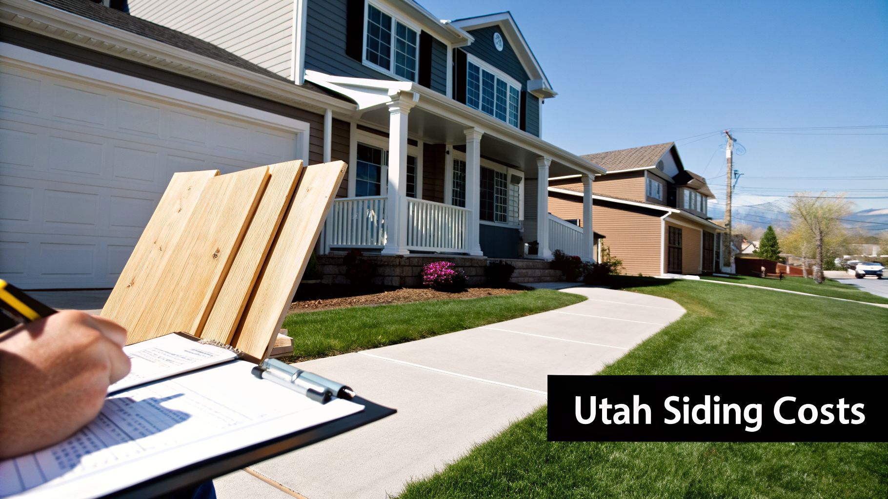 Contractor writing notes with siding samples, estimating home improvement costs in Utah.
