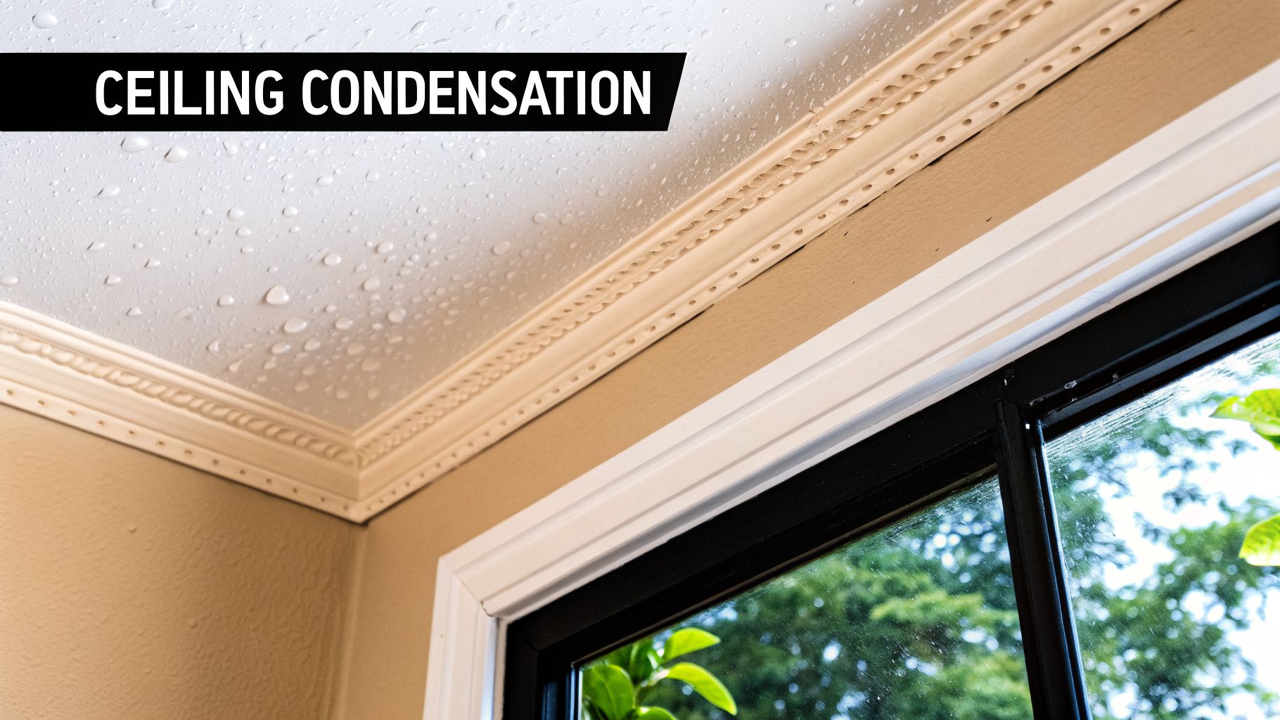 A white ceiling covered in water droplets showing condensation, with crown molding and a window.
