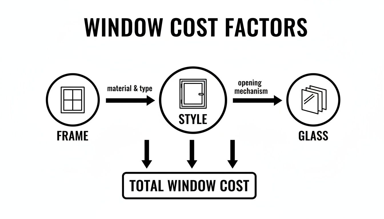 A diagram illustrating window cost factors, breaking down total cost into frame, style, and glass components.