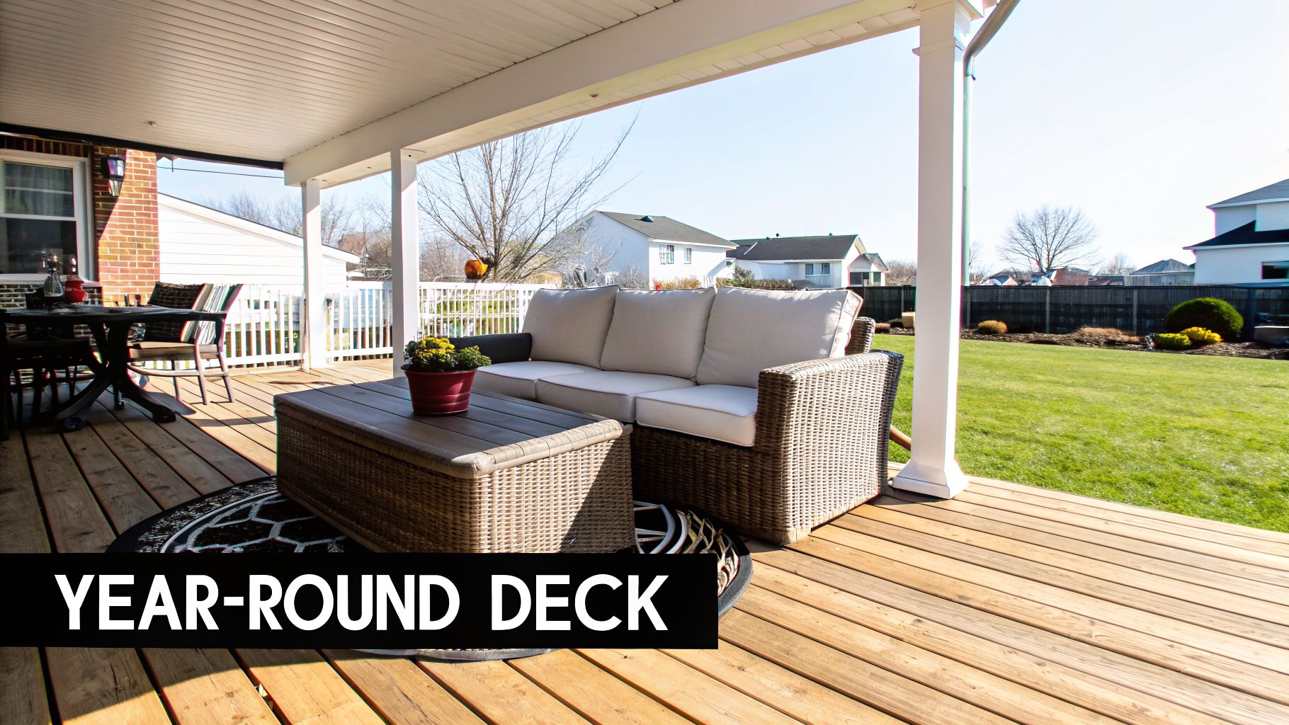 A cozy covered wooden deck with outdoor patio furniture, including a sofa and dining set, overlooking a green backyard.