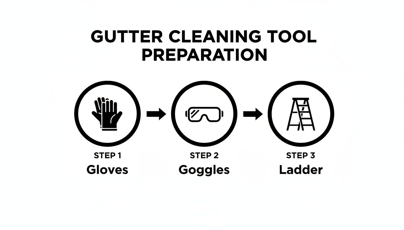 Gutter cleaning tool preparation steps: gloves, goggles, and ladder for safety.