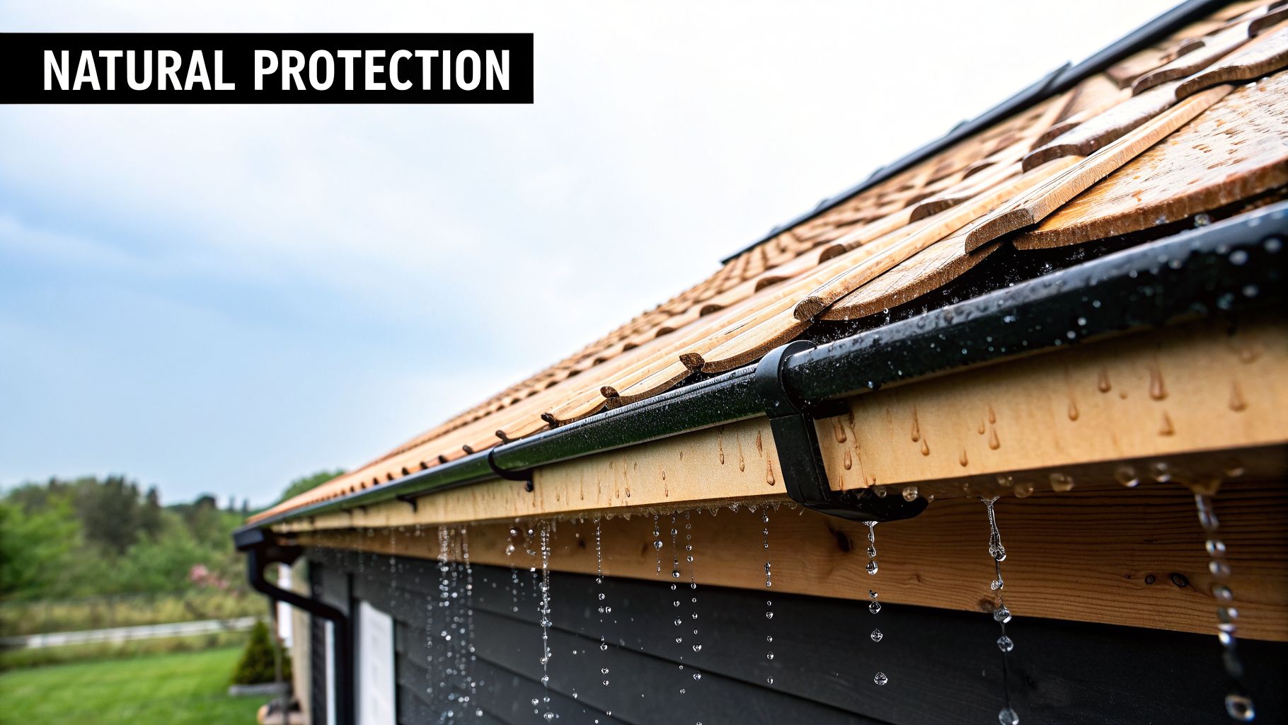 Rainwater drips from a natural wood shingle roof and black gutter on a dark-paneled house.