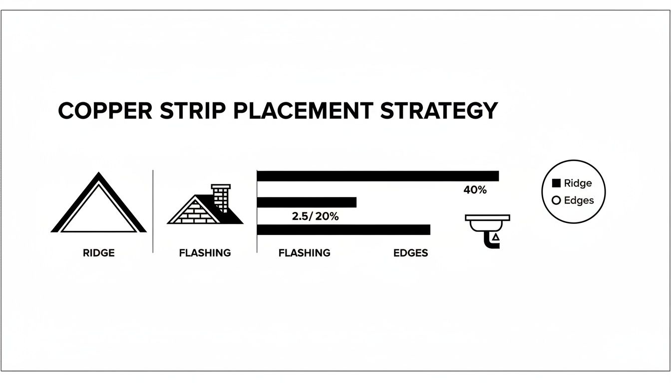 Diagram illustrating copper strip placement strategy for roof elements including ridge, flashing, and edges with percentages.