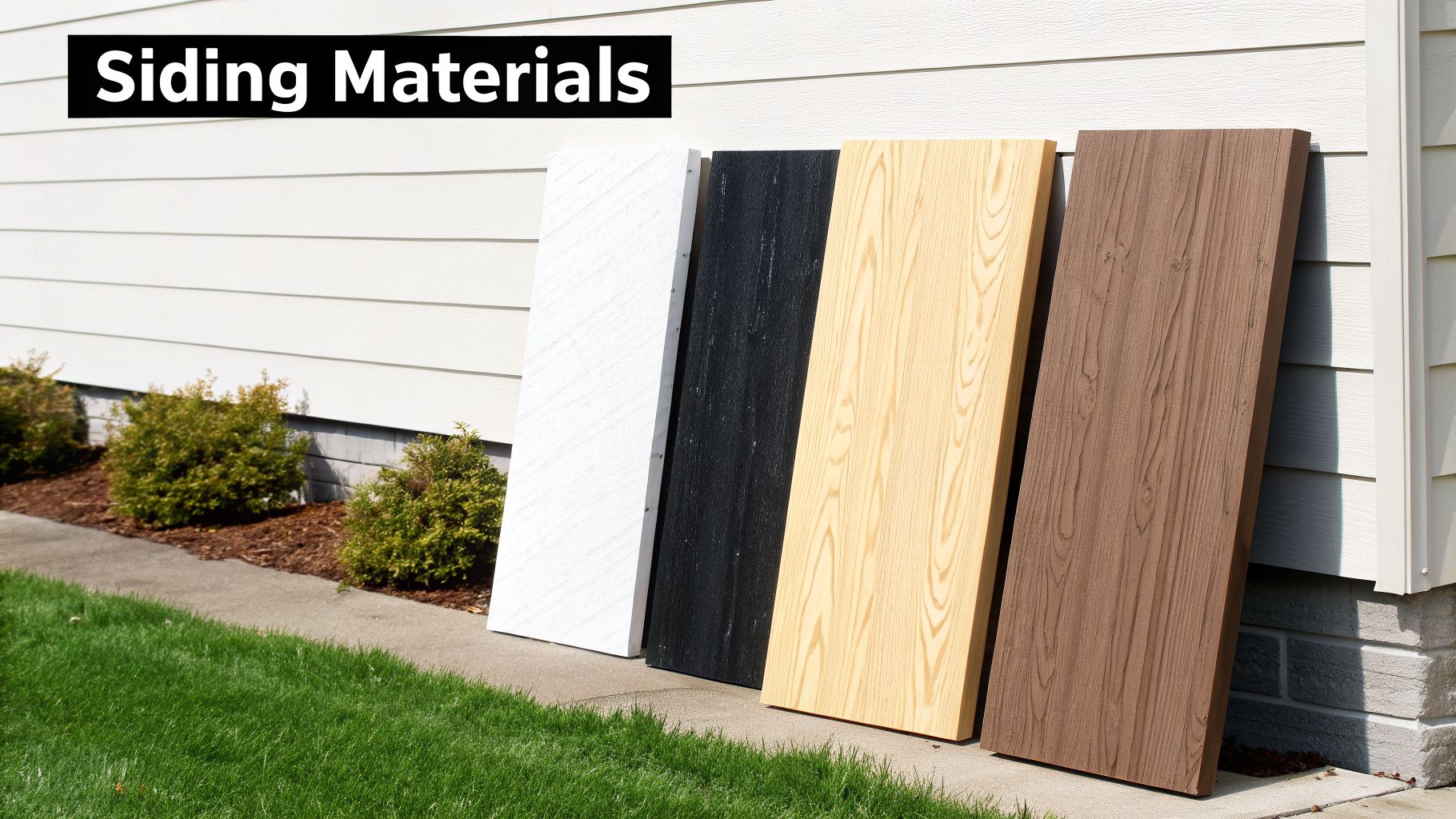 Various siding material samples in white, black, and wood grains leaning against a house.