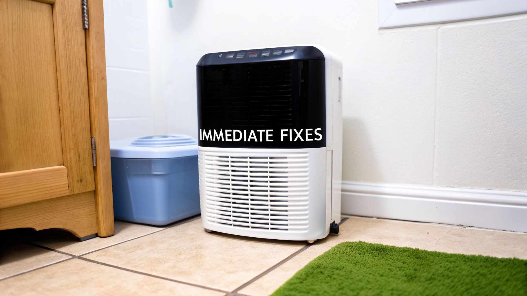 A white and black dehumidifier with 'IMMEDIATE FIXES' text sits on a tiled floor in a home.