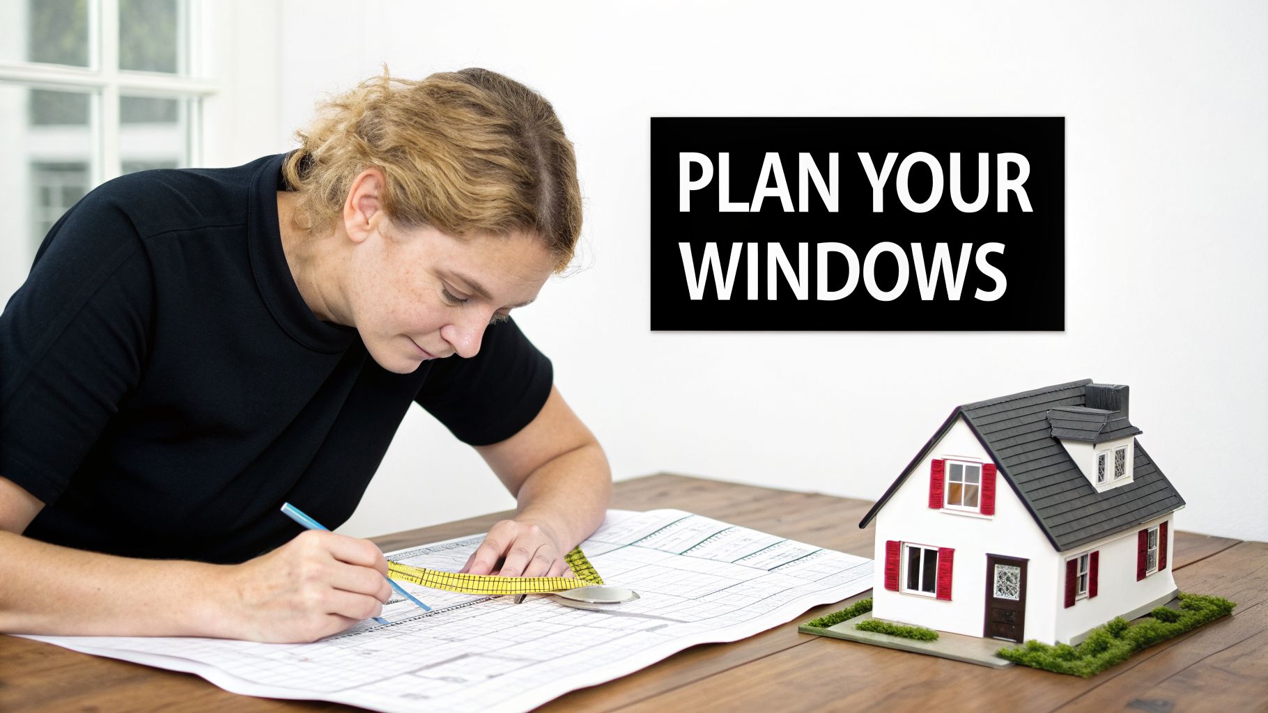 A person planning windows for a house, drawing on a blueprint next to a model house.