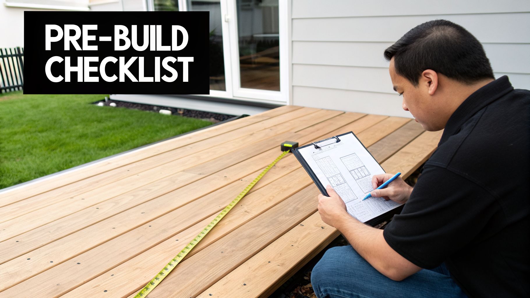 Man reviewing a 'Pre-Build Checklist' on a clipboard with a pen, measuring a wooden deck.