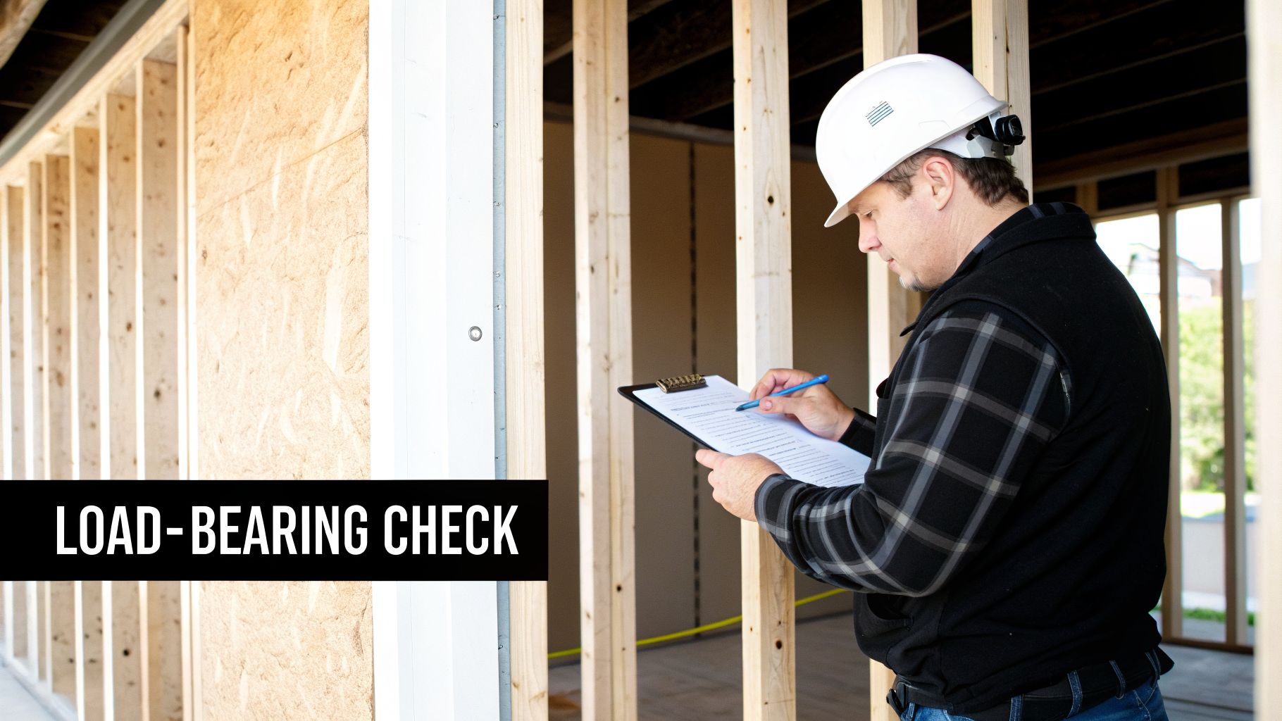 Construction worker in a hard hat inspecting wooden wall framing with a clipboard and pen.