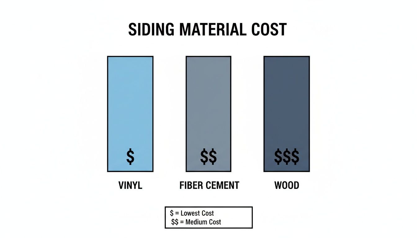 A bar chart comparing siding material costs: Vinyl ($), Fiber Cement ($$), and Wood ($$$).