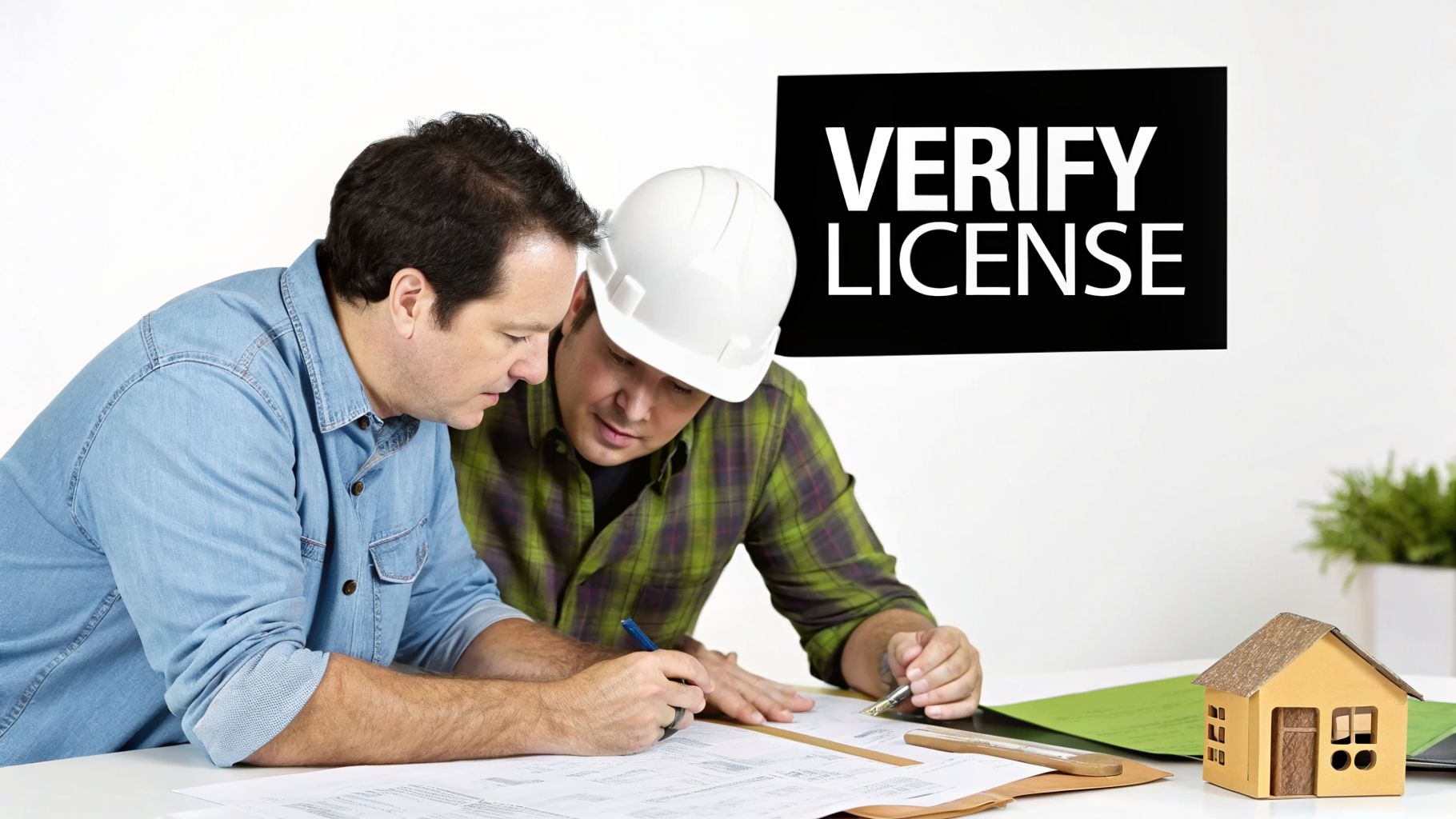 Two contractors review plans at a desk, emphasizing 'Verify License' importance.