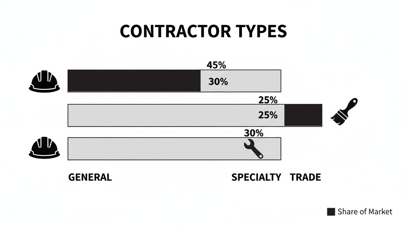 Bar chart illustrating contractor types: General, Specialty, and Trade, with their market share percentages.