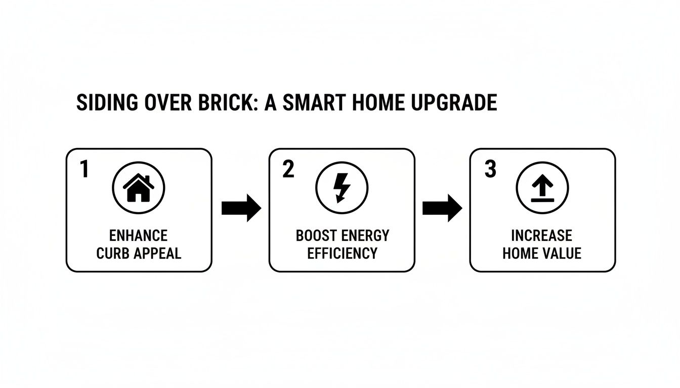 Diagram illustrating the benefits of installing siding over brick, including enhanced curb appeal, improved energy efficiency, and increased home value.