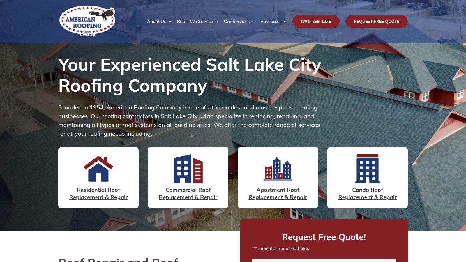 American Roofing Company's website homepage showcasing their residential and commercial services.