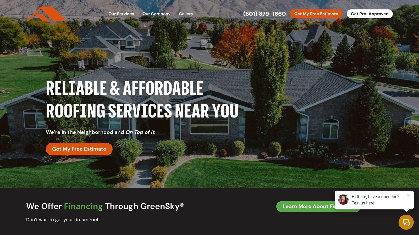 On Top Roofing's website showing a completed residential roof and contact information.