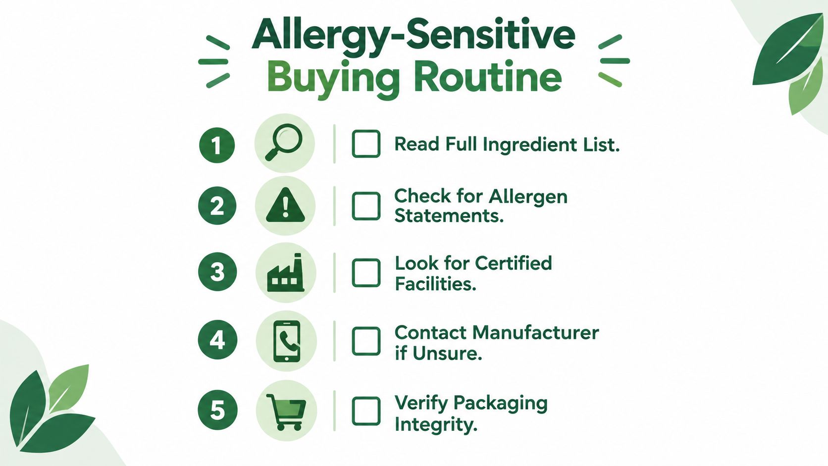 A five-step checklist titled Allergy-Sensitive Buying Routine for safely shopping with food allergies.