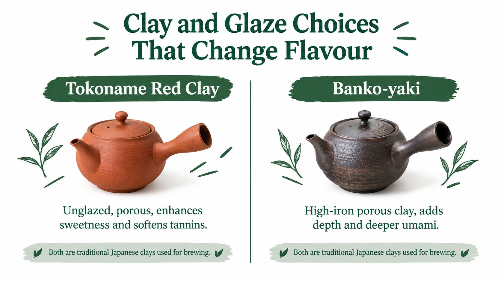 An educational infographic comparing Tokoname Red Clay and Banko-yaki teapots and their effects on tea flavor.