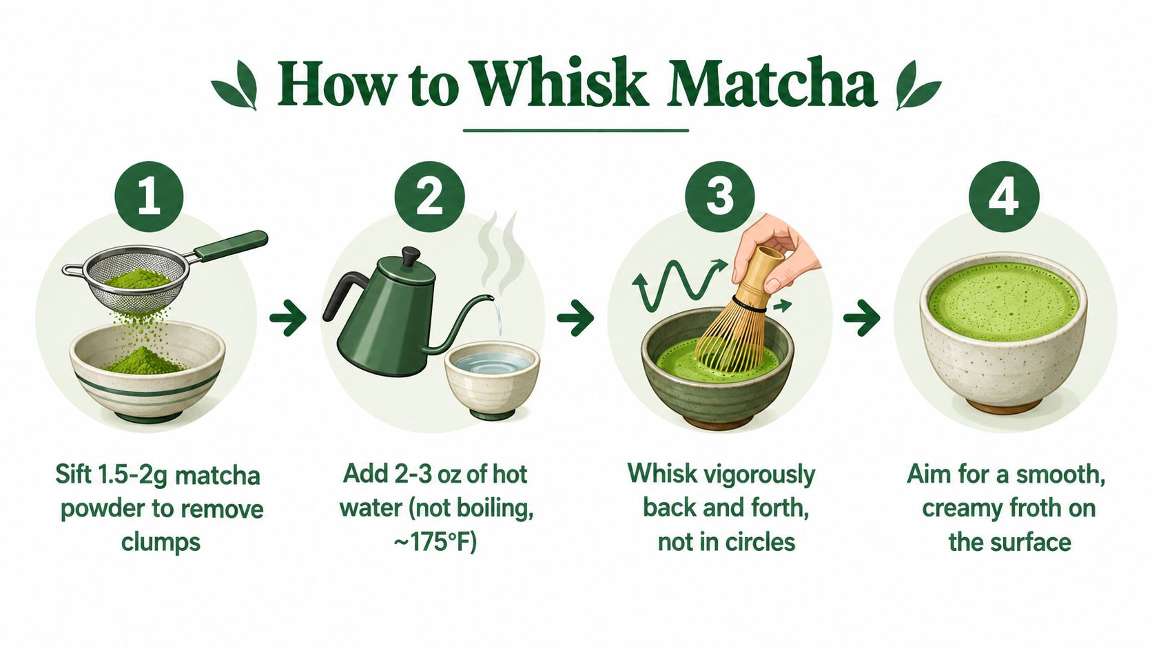 A four-step instructional infographic explaining how to properly whisk matcha powder in a bowl.
