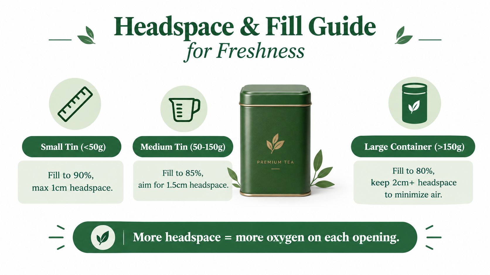 An infographic titled Headspace & Fill Guide for Freshness, showing recommended fill levels for small, medium, and large tea tins.