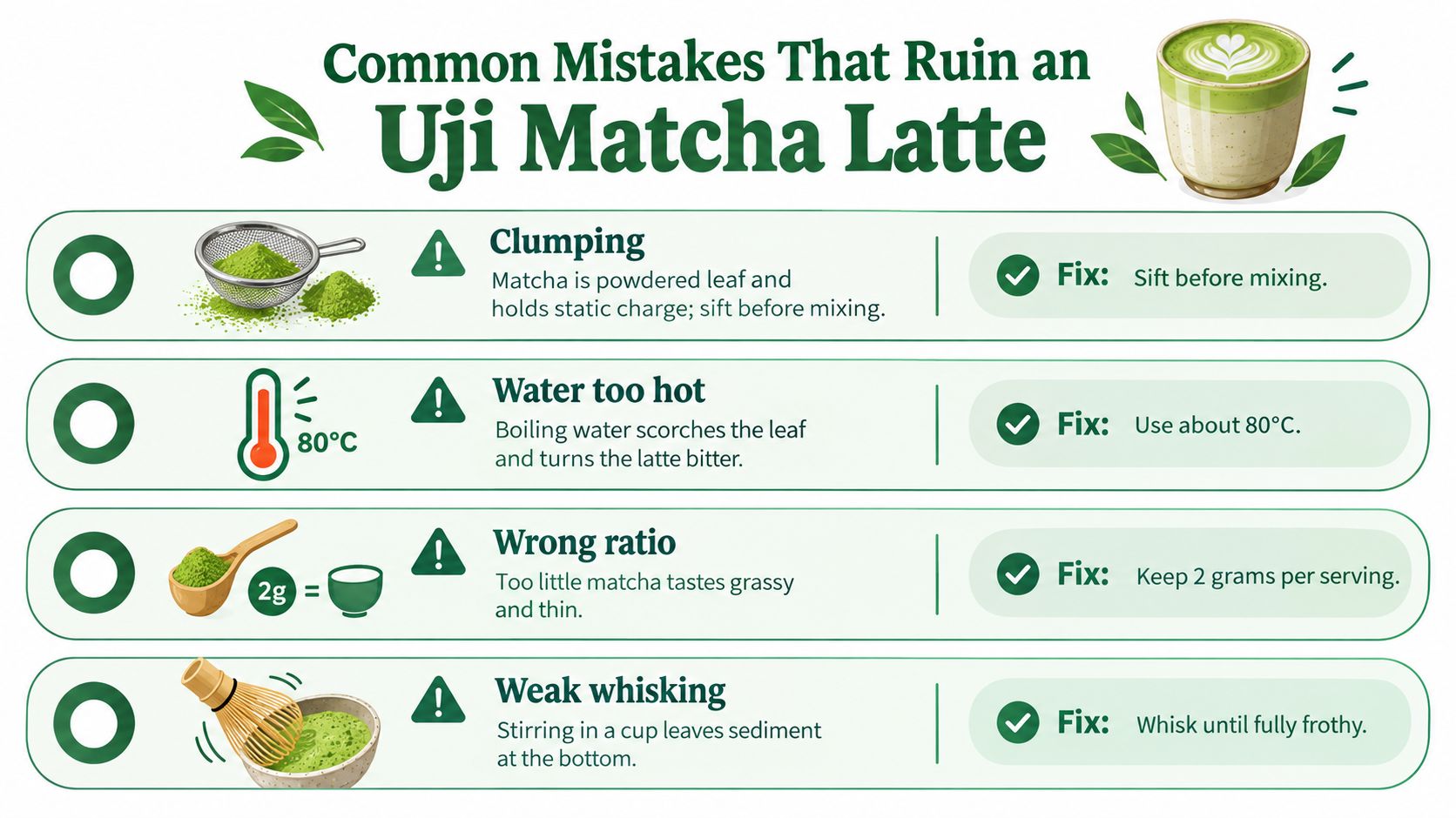 An infographic detailing four common mistakes when preparing Uji matcha lattes and how to fix them.