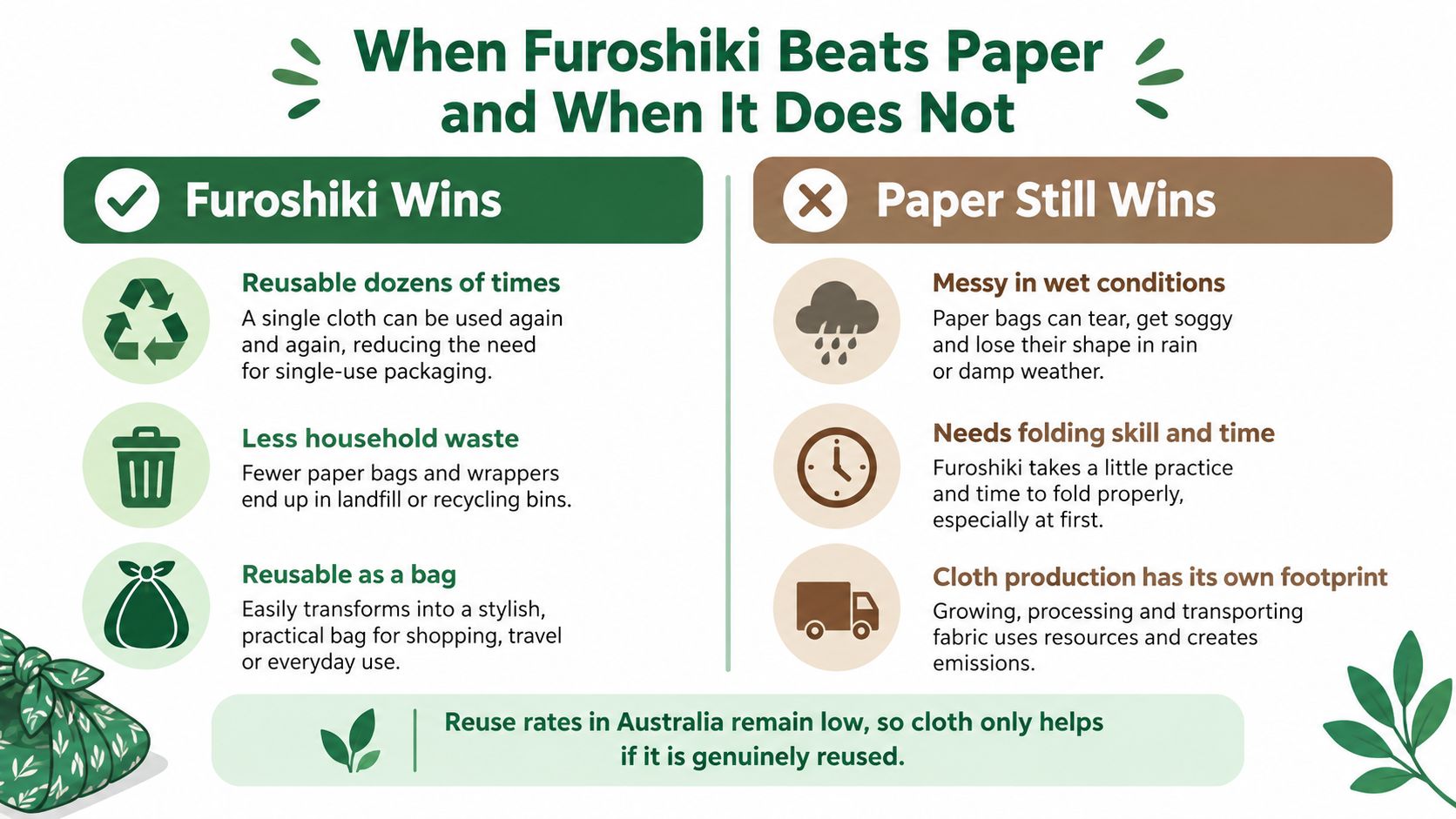 An infographic comparing the environmental pros and cons of using Furoshiki fabric wraps versus paper packaging.