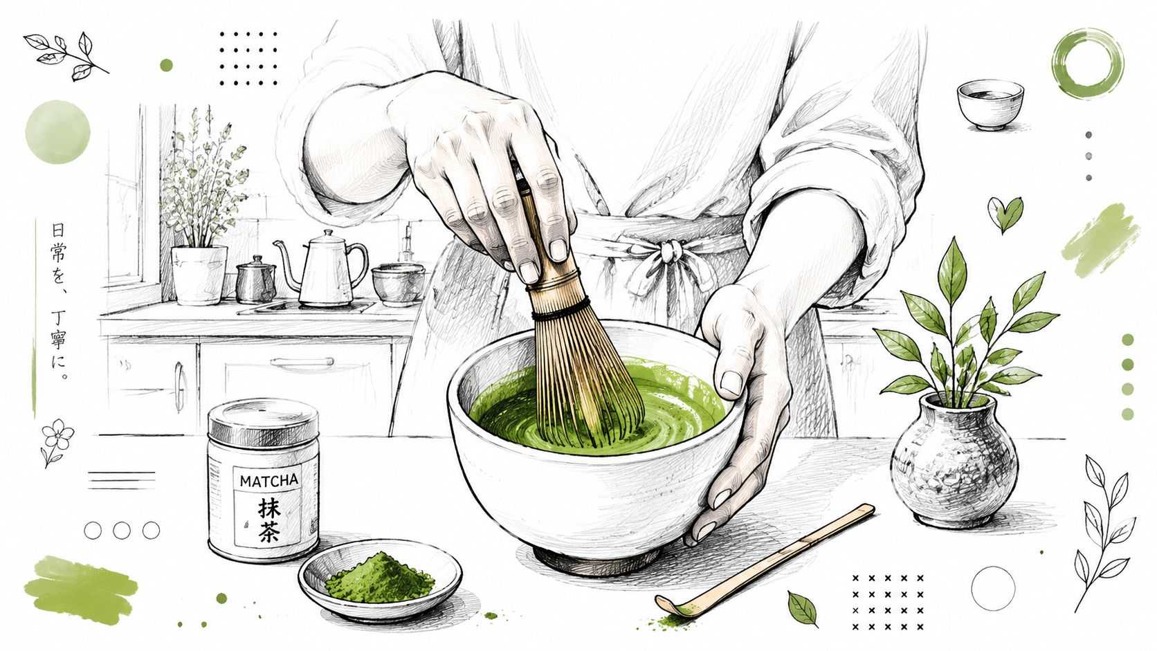 A detailed sketch of a person whisking matcha green tea in a bowl with traditional bamboo tools.