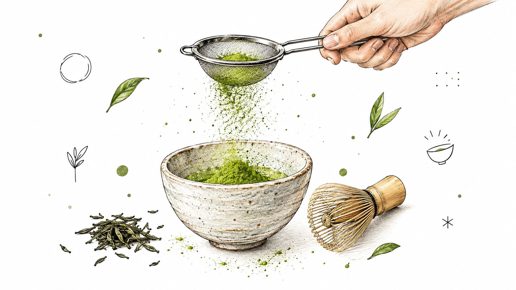 A hand sifting vibrant green matcha tea powder into a traditional ceramic bowl using a metal sieve.