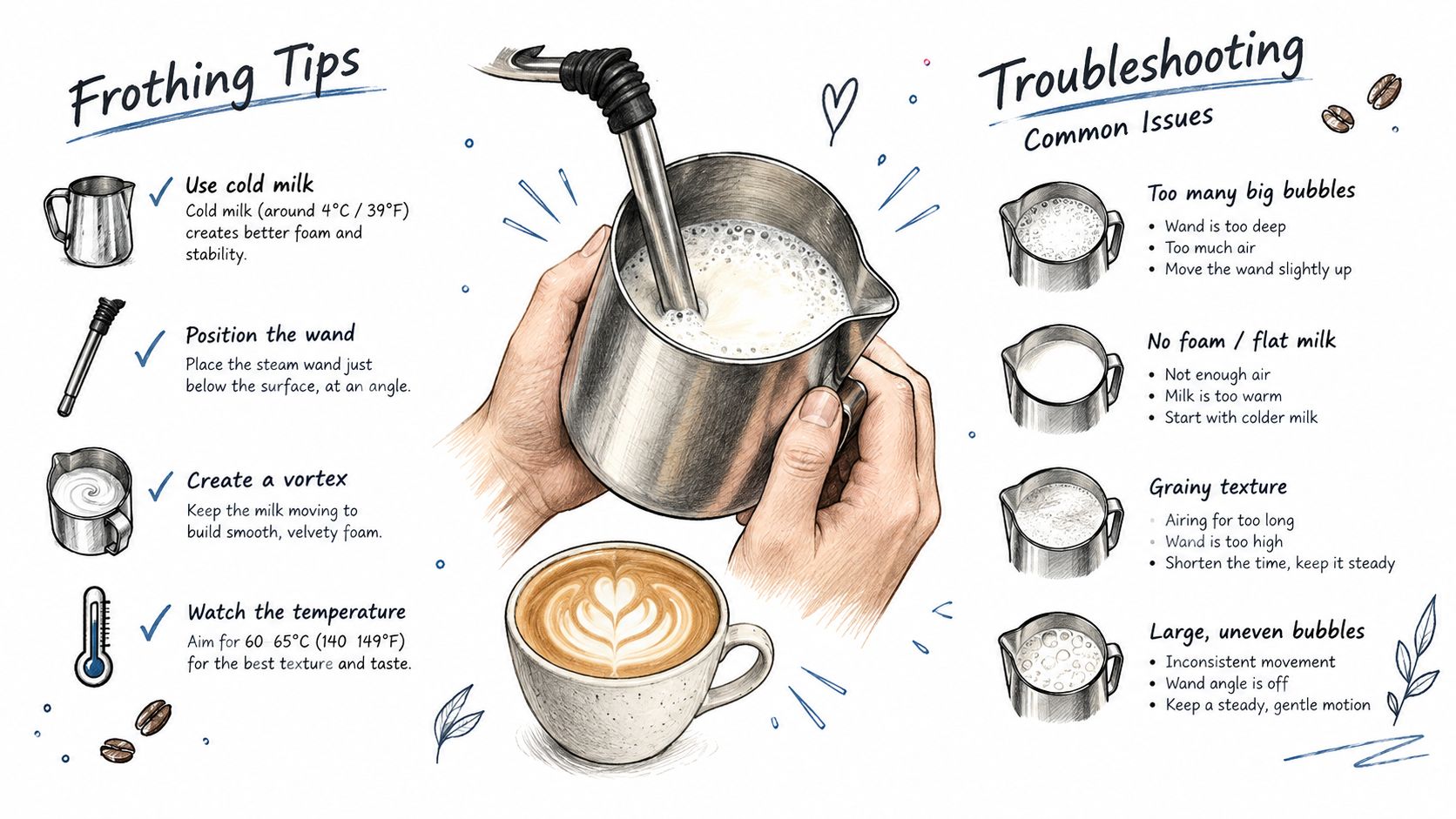 An illustrated guide demonstrating the step-by-step process of frothing milk for coffee and troubleshooting common issues.