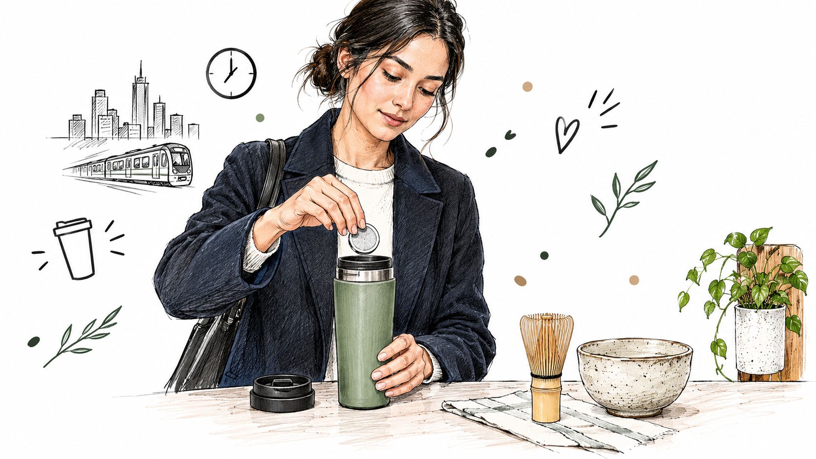 A woman preparing a matcha drink, putting a tea drop into a green insulated travel mug.