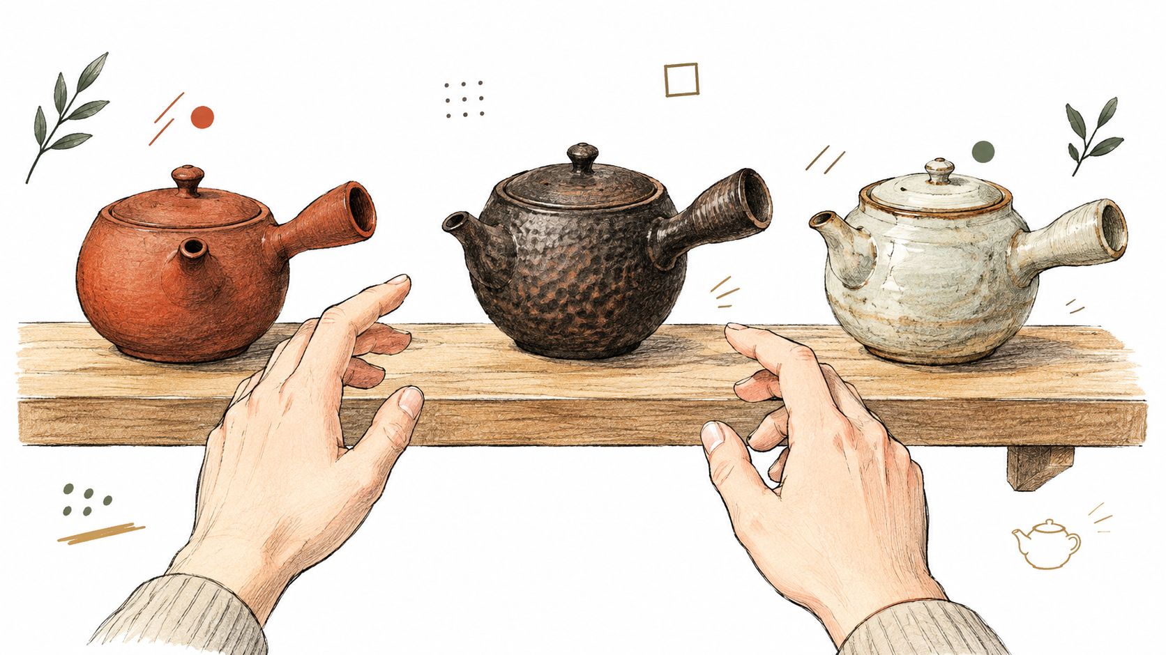 A first-person view of hands reaching towards three distinct Japanese ceramic teapots sitting on a wooden shelf.