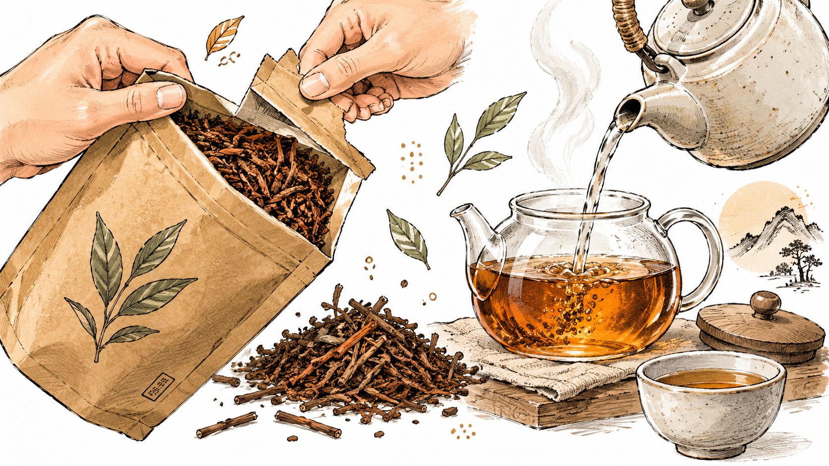 A hand pouring loose leaf hojicha into a glass teapot while tea is prepared in a traditional style.